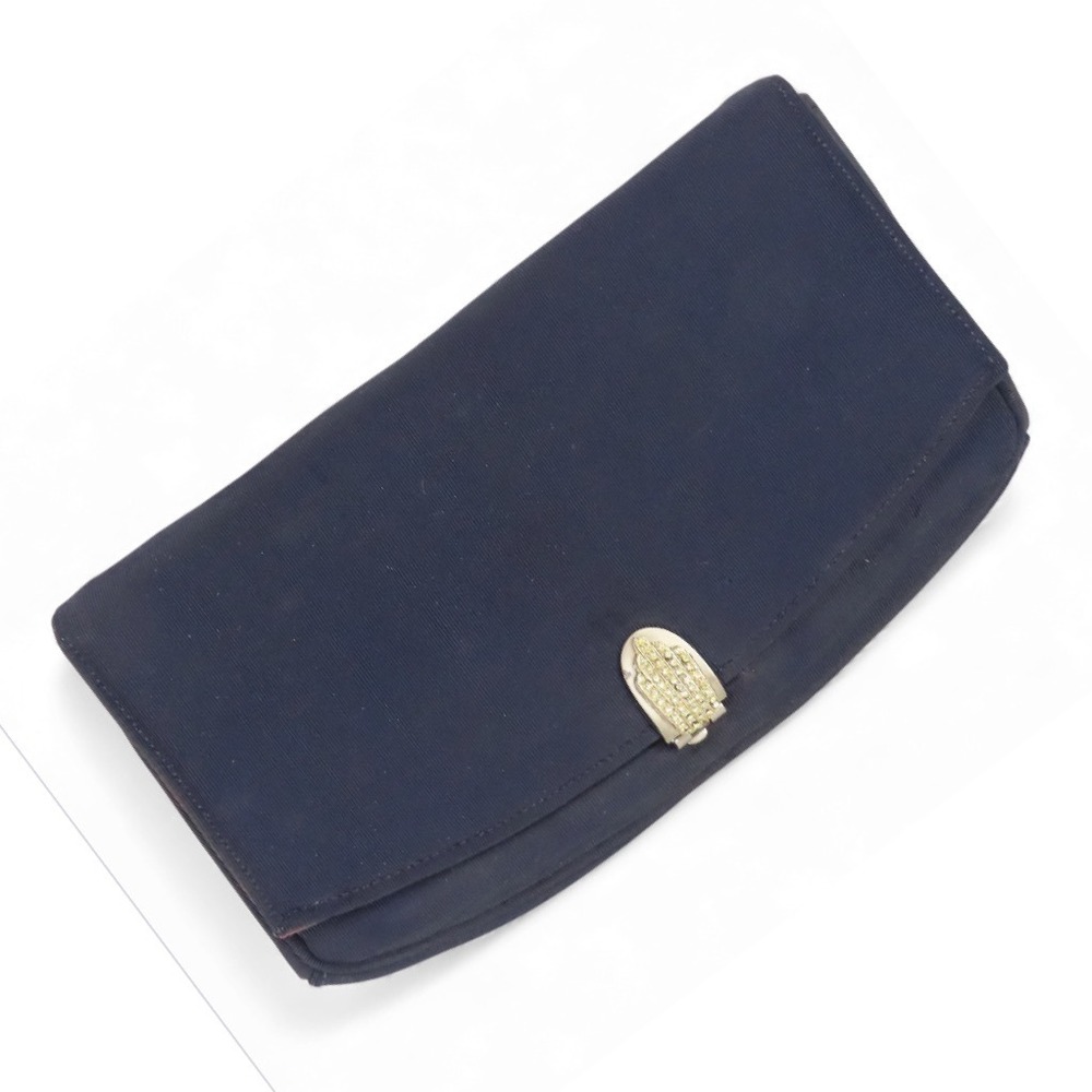 VINTAGE Garay Navy Blue Clutch Bag Purse SILVER RHINESTONE LEVER CLASP BROOCH